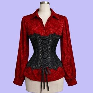 1990s Goth Blood Red Roses Satin Blouse